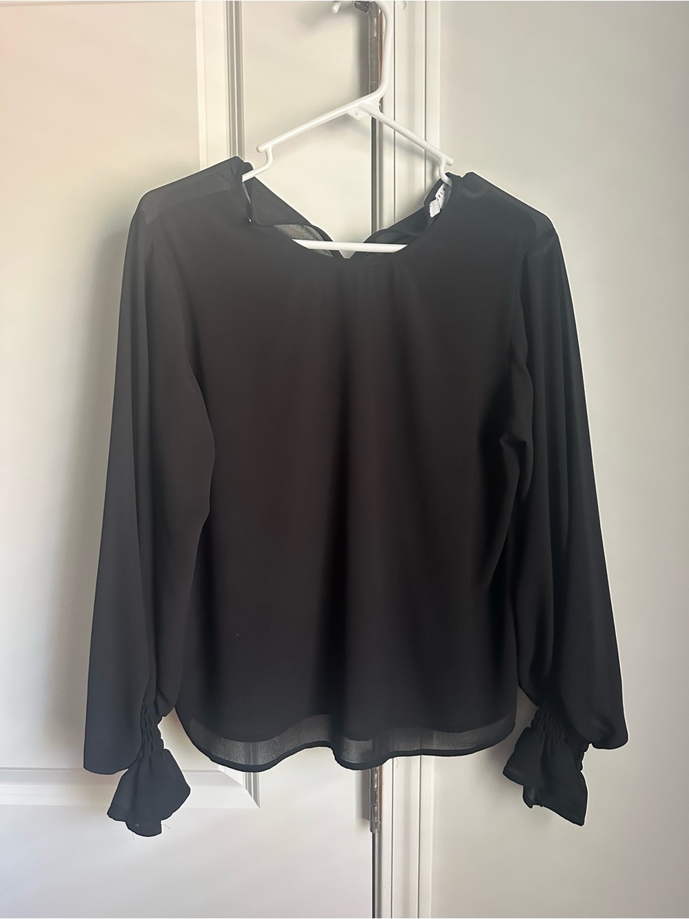 Women's Black Long-Sleeve Sheer Cuff Blouse